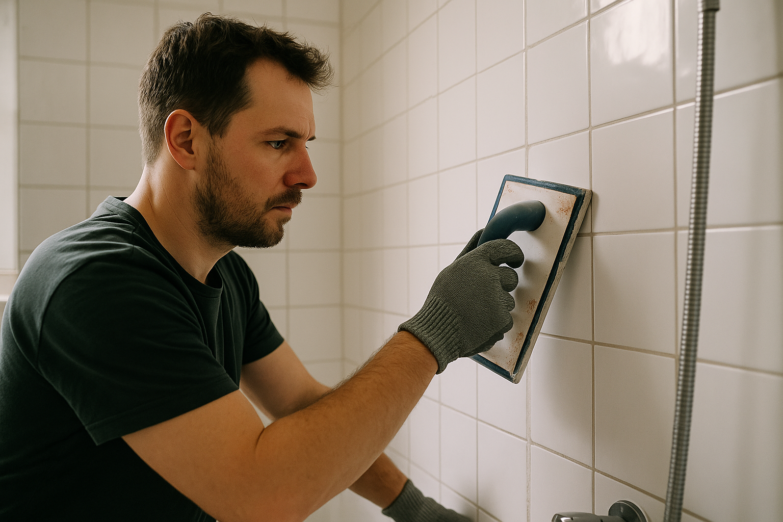 Badkamer opnieuw voegen met frisse voegen en gereedschap in een nette badkamer