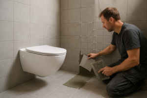 Strak betegeld klein toilet met witte wandtegels en nette afwerking, toilet betegelen