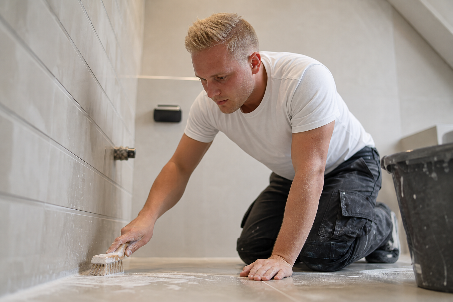 Tegels schoonmaken in de badkamer met een zachte spons en schoonmaakmiddel